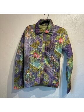 Vintage Ubu Size Medium Quilted Jacket Floral Purple Green Tropical Cottage